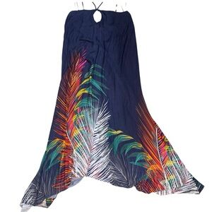 Lovestitch Navy and Teal Maxi Dress High Low Tropical Palm Print